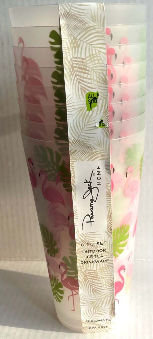 Panama Jack Home 8-Piece Flamingo and Palm Leaf Print Outdoor Ice Tea Drinkware
